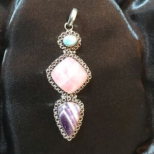 LARGE NATURAL GEMSTONE PENDANT ROSE QUARTZ~CHEVRON AMETHYST & LARIMAR 🌟NEW🌟